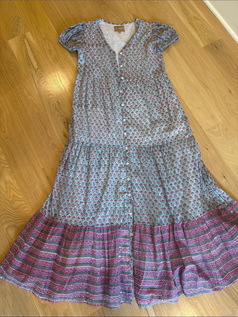 Floral Button-Front Maxi Dress in Light Blue and Purple